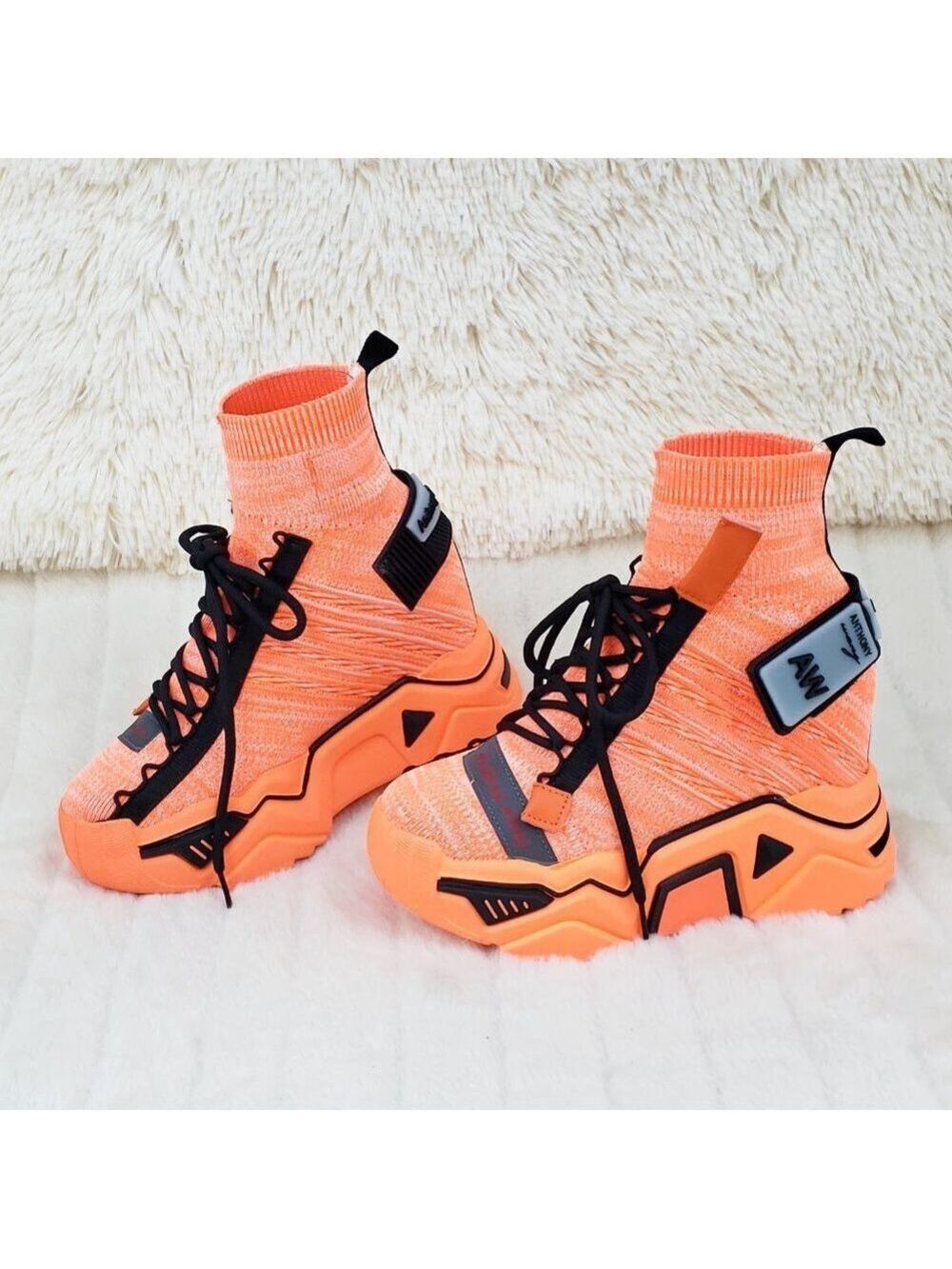 Wang Damson Pull On Platform Hidden Wedge Sock Sneakers Orange ๐ NIB - Picture 3 of 13